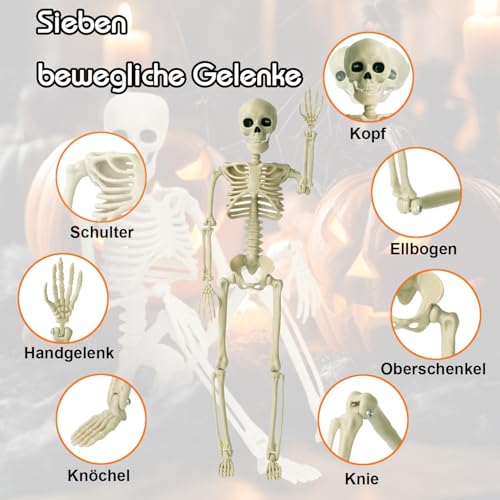 Halloween Deko Skelett, 2 Mini Hängende Skelett 40cm Plastikskelett Ganzkörper mit beweglichen Gelenken – Gruselige Dekoration für Innen/Außen, Party, Garten, Tür