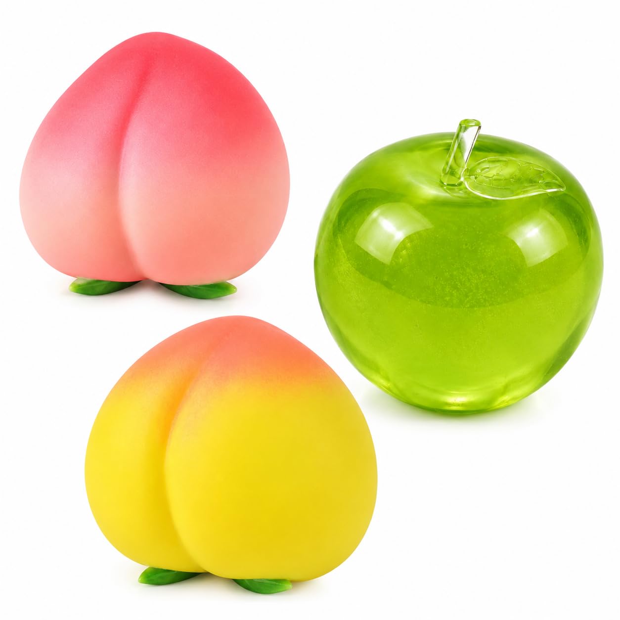 3Pcs Jumbo Squishies, Peach Squishy, Large Squeeze Items, Three Piece Set with Peach and Green Apple Designs, Soft Sensory Items for Everyday Use
