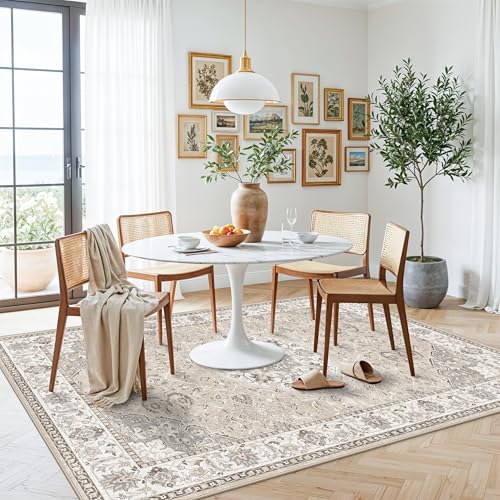 Image of Washable 5x8 Living Room Area Rug: Vintage Water-Resistant Soft Rug for Bedroom Dining Room Non Slip Apartment Low Pile Carpet Thin Floor Mat for Dorm Home Office Printed Beside Rug(5x8，Beige)