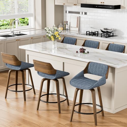 Image of YaFiti Bar Stools Set of 6, 26 inch Swivel Counter Height Barstools with Bentwood Back and Legs, Mid Century Modern Upholstered Fabric Counter Stools for Kitchen Island, Dining Room, Blue