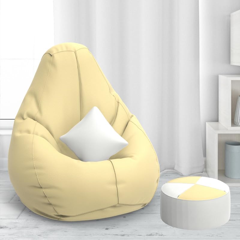 ComfyBean Bag with Beans Filled XXXL Bean Bag with Free Cushion and Footrest - Official : ZenSack(Color : Cream)
