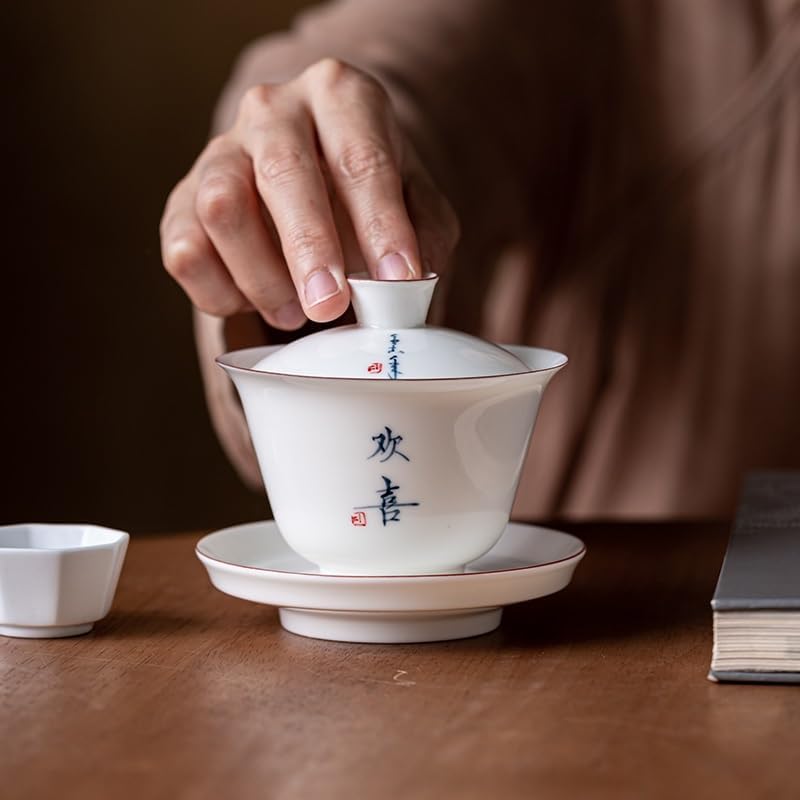 GSOUL Kungfu Tea cup Chinese Tea Cup, White Porcelain Handwritten Lidded Bowl, Ceramic Large Single, Retro Set Small Tea Cups