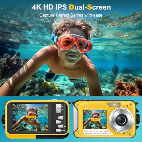 Image of 4K Underwater Camera 64MP Autofocus 16FT Waterproof Camera Dual-Screen Selfie 16X Underwater Camera for Snorkeling Waterproof Compact Floatable Digital Camera with 32GB Card,Yellow