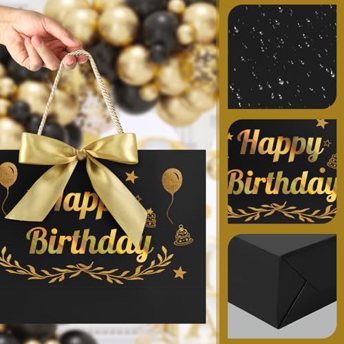 Image of JMANNI Black Gold Happy Birthday Gift Bag with Card and Tissue Paper, 14.2 inchx9.84 inchx4.3 inch Large Present Bag for Men Women, Year Old Birthday Keepsake Party Supplies