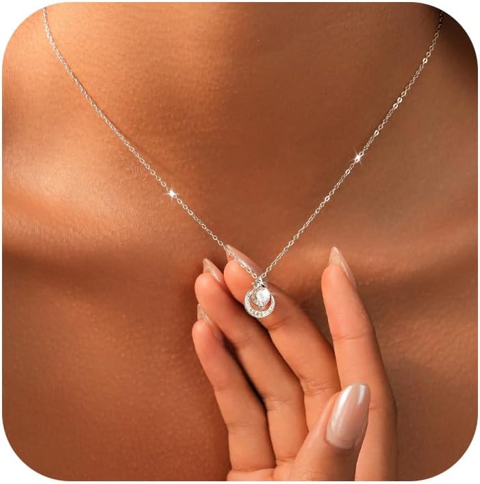 925 Sterling Silver Moon Necklace for Women,Dainty CZ Crescent Moon Star Pendant Necklace to Daughter Mother 14k Gold Plated Charm Moon Chain Choker Necklace Jewelry Gift for Birthday Valentine's Day
