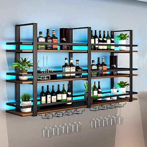 Wall Mounted Wine Rack with LED Light, 39.4in Large Wine Bottles Display Shelf with Glasses Holder, 3 Tier Metal Bar Shelves, Industrial Liquor Shelves for Home Bar, Dining Room & Kitchen (39.4in)