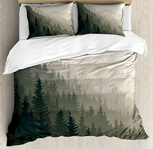 Ambesonne Forest Duvet Cover Set, Northern Parts of The World Coniferous Trees Scandinavian Woodland, Decorative 3 Piece Bedding Set with 2 Pillow Shams, Queen Size, Cream Tan Dark Green