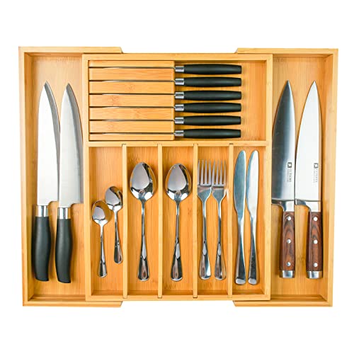 Expandable Bamboo Kitchen Drawer Organizer, Wencrfat Silverware Drawer Organizer With Removable Knife Block And Dividers, Flatware Utensil Cutlery Organizer For Drawer Tray(6-8 Slots) #TOP1