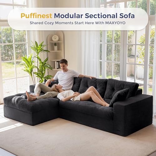 Image of MAXYOYO 104 inch L Shaped Modular Sectional Sofa with Ottoman, Cloud Boneless Couch with Layered Cushion, Upholstered Sofa in a Box, Flexible Module Combination for Living Room, No Assembly, Black