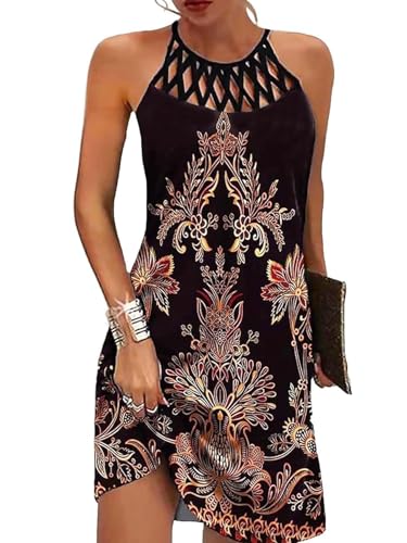Image of LOVESHOOT Summer Dresses for Women 2026 Casual Floral Hollow Out Halter Neck A-line Sundress for Beach Vacation with Pockets