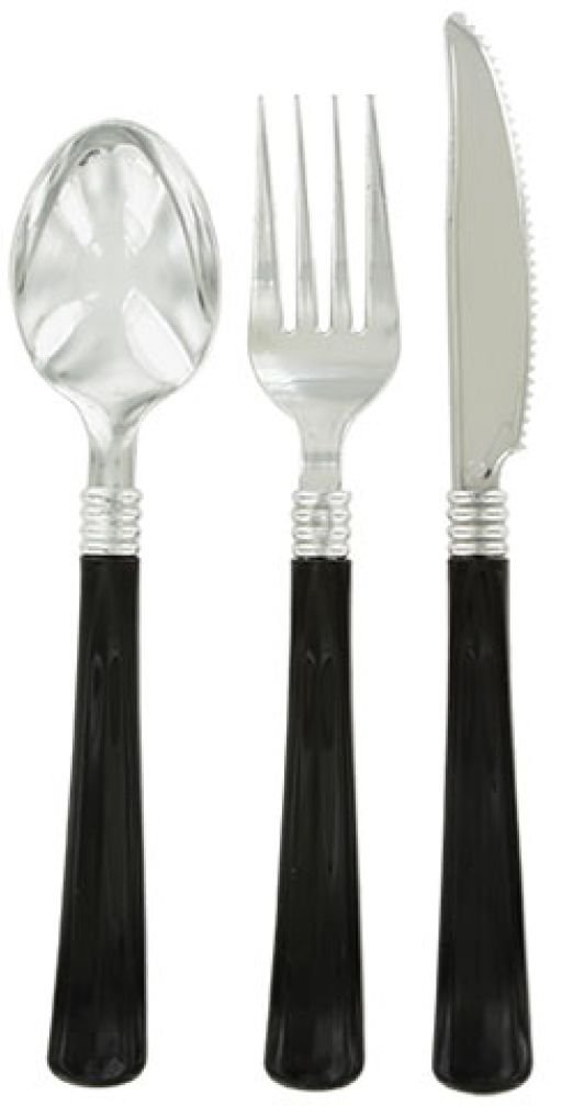 Plastic Flatware - Silver with Black Handles - 8 Place Settings - Cutlery - Disposable