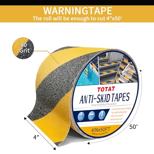 Image of Black & Yellow Anti-Slip Stair Treads Tape,4 inch x50FT Heavy Duty Non-Skid Grip Tape for Indoor /Outdoor Steps, Bathroom & Pool - PVC Waterproof Safety Traction Tape