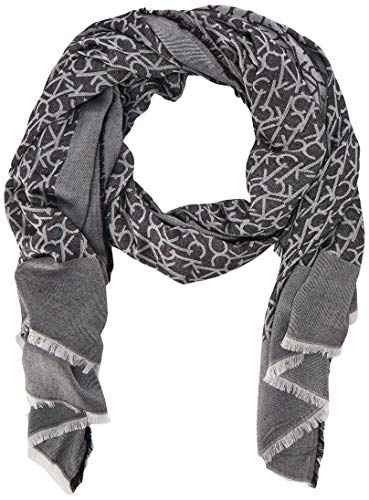 Calvin Klein Chambray Border Logo Scarf with Eyelash Fringe