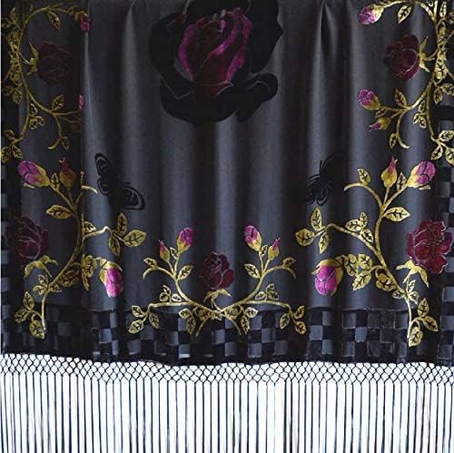 Silk Base Burn-out Velvet Square Shawl, Rose pattern,Wine+Olive on Black,42"x42", 8" Net Tassel - Image 4