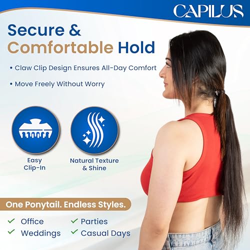 Image of Capilus Flat Clip-In Ponytail Hair Extensions (Black, 24 Inch) | 100% Natural Human Hair | Changeable Clip | Instant Volume & Length | Original Human Hair Ponytail Extension for Women