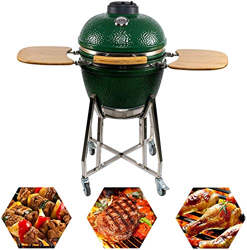 CHARAPID 18" Kamado Charcoal Grill, Outdoor Ceramic BBQ Grill with Side Table for Camping and Picnic (Green)