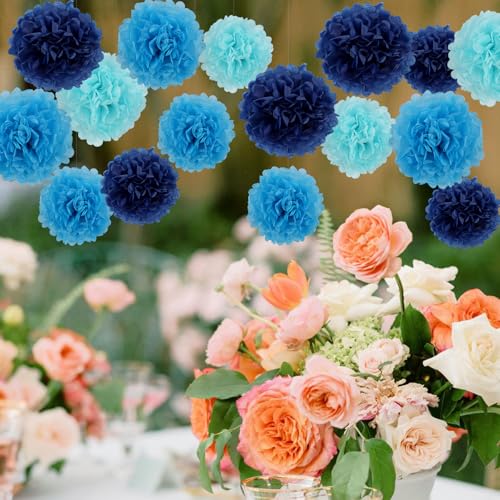 Image of BestoFun 16 PCS Navy Blue Party Decorations Tissue Paper Flowers Pom Poms Decorations for Girl Groovy Birthday Baby Shower Wedding Bachelorette Room Wall Hanging Decor