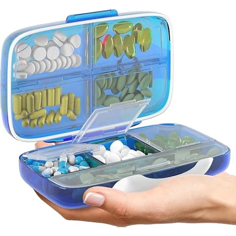 Blue and Rose Airtight Pill Organizer Pill Box Large Pill Dispenser Home Travel Supplement Holder Portable Vitamin Sorter Jumbo Size 8 Compartment Vitamin Container Daily Medicine Travel Essentials Cover