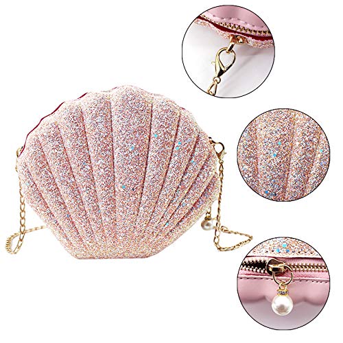 Goclothod Seashell Shape Purse Sequins Leather Crossbody Shoulder Bag Mini Chain Purse4