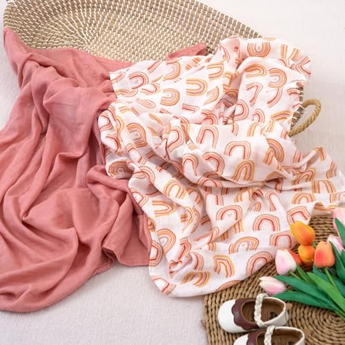 Image of Muslin Swaddle Blankets for Newborns,2 Pack Baby Boys Girls Receiving Blankets Large 43X47 Inches Muslin Burp Cloths,Breathable Soft Swaddle Wrap Baby Essentials(Rainbow)