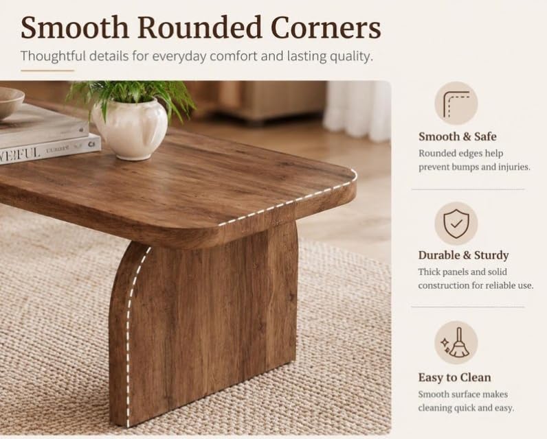Image of Sheesham Wood Coffee Table | Modern Center Table for Living Room, Lounge & Office | Solid Wooden Cocktail Table with Curved Panel Base Design | Teak Natural