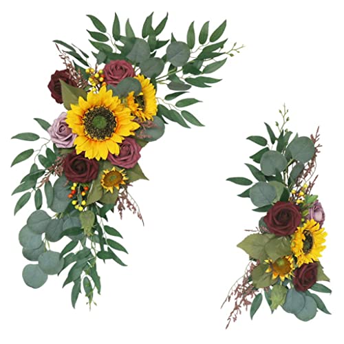 AMLESO Artificial Wedding Arch Flowers Kit, Sunflowers Rustic 2pcs Flower Garland for Lintel, Wall, Door Party Reception Decoration
