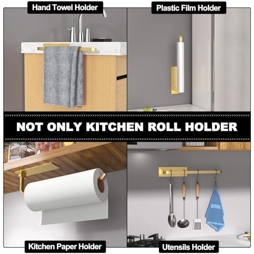 Paper Towel Holder - Self-Adhesive or Drilling, Gold, Upgraded Aluminum Kitchen Roll Dispenser Under Cabinet, Lighter but Stronger Than Stainless Steel! - Image 5