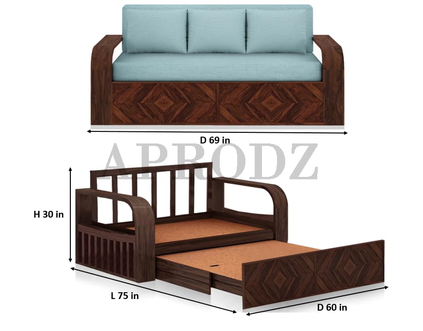 Image of APRODZ Diamond Solid Wood Sofa Cum Bed 3 Seater with Side Storage Velevt Fabric with Two Cushions Perfect Sofa Furniture for Home Living Office Room and Guests (Walnut Finish 75x69x30-Inch)