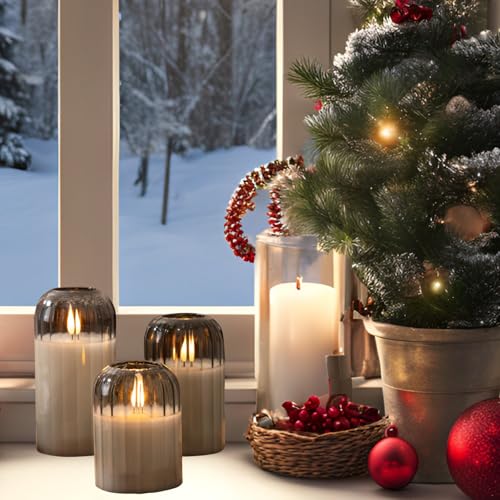 Image of Ribbed Glass Battery Candles - FLameless Candles with Remote, Sage Green LED Candles with Timer, Warm Light, Lasting 350 Hrs and Brightness Adjustment, Φ 3 inch H 4 inch 5 inch 6 inch, Set of 3 for Christmas Decor