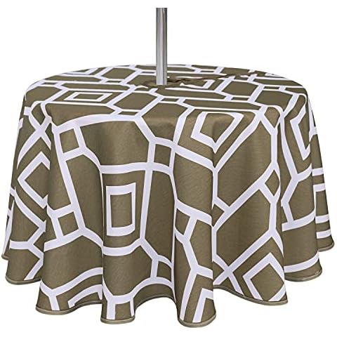 LUSHVIDA Moroccan Outdoor and Indoor Tablecloth - Washable Waterproof Wrinkle Free Table Cloth with Zipper and Umbrella Hole for Spring/Summer/Party/Picnic/BBQS/Patio (Round 60 inch, Khaki) Cover