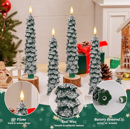 Image of Christmas Tree Candles with Snow, 9.6 inch Green Real Wax Flameless Taper Candles with Remote, Flickering Xmas Candlesticks for Home, Party Decor, 4 Pack