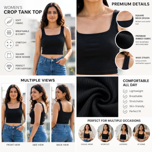 Image of Women's Square Neck Ribbed Knit Crop Tank Top - Sleeveless Fitted Casual Stretch Cotton Cami Top for Summer & Layering, Black | High-Stretch Bodycon Street Cropped Top.