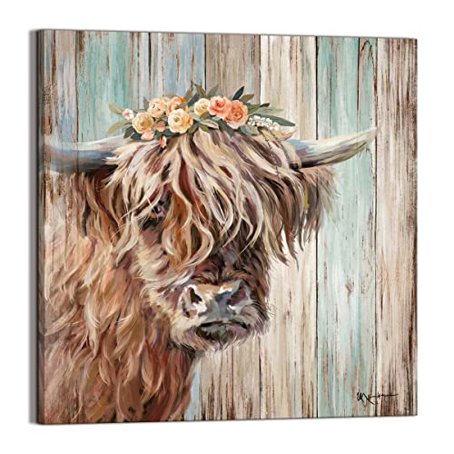 YUEYARIT Highland Cow Picture Wall Decor Canvas Print Painting Art Vintage Country Farmhouse Art for Gifts and Home Decor Ready to Hang Dining Room Bedroom Living Room Kitchen Bathroom Office