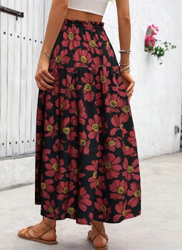 POPZONE Women's Maxi Skirts Floral Printed A-Line Skirts Below The Knee Elastic High Waist Summer Long Skirts for Women4