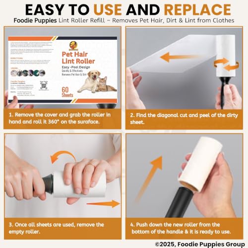 Image of Foodie Puppies Pet Hair Remover Lint Roller Refills Extra Sticky Lint Roller Refills Only, 60 Sheets per Roller, Remove Dog and Cat Hair from Clothes, Furniture