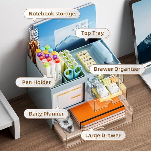 Image of UCRAVO Blue Aesthetic Desk Organizer and Storage with 3 Clear Drawers Multi-Functional Large Capacity Pencil Pen Holder | Cute Desktop Organizer with 8 Compartments for Office, Home, and Art Supplies