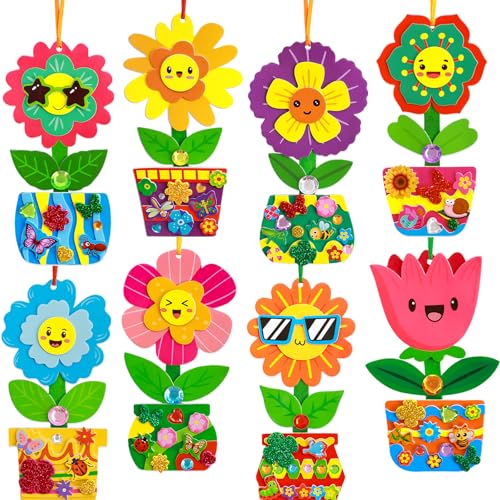 Fancy Land Spring Potted Flower Craft Kits Make Your Own Flower Pot DIY Floral Hanging Ornament Tulip Sunflower Craft Stickers for Kids School Classroom Activities Mothers Day Party Favors 16 Sets