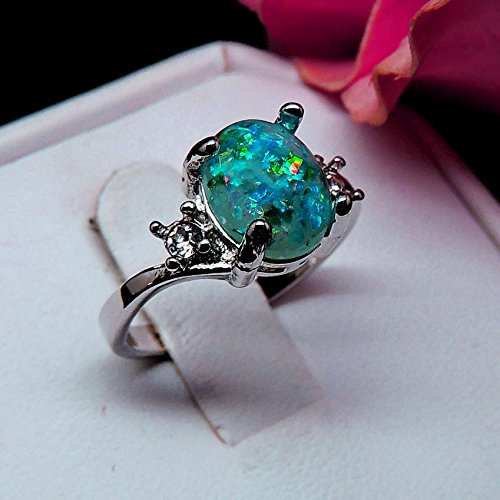 Arlette Birthstone Ring for Women by Ginger Lyne |Green Oval Simulated Opal Engagement Ring for Her |White Gold Plated with Cubic Zirconia Accents October Birth Month Gemstone Statement Design3