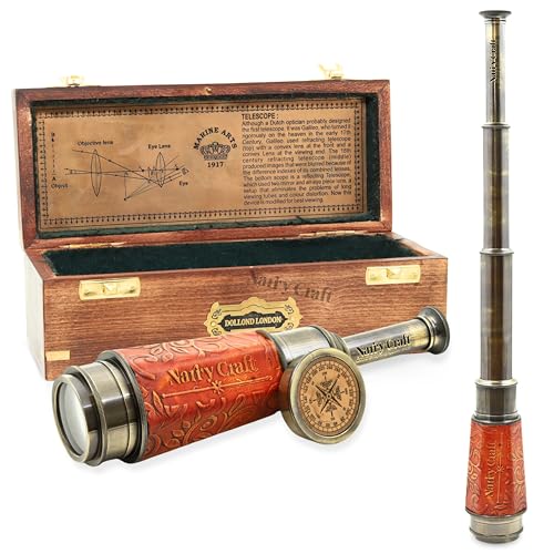 Vintage Brass Telescope – Handheld Nautical Pirate Spyglass for Navigation & Decor – Antique Brass Finish with Embossed (Wooden Box, Medium)