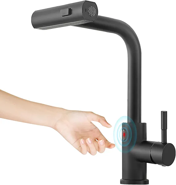 CENOSA Touchless Kitchen Faucet Motion Sensor Hands Free Single Handle Kitchen Sink Faucet with Pull Down Sprayer Matte Black