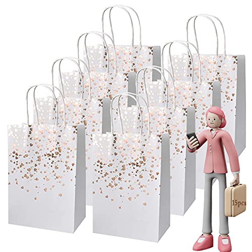 15Pcs Sac de Kraft, Sac Cadeau en Papier, Sac Papier Kraft avec Poigné Pochettes Cadeaux Recyclable pour Noël Mariage Anniversaire Fête (Or rose)