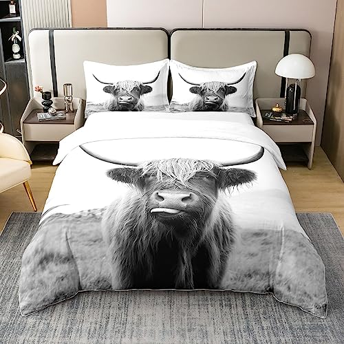 Homewish 100% Washed Cotton Highland Cow Duvet Cover for Cowboy Cowgirl,Farmhouse Animal Milk Bedding Set Double,Funny Cute Cow Comforter Cover,Wildlife Farm Animal Bed Sets with 2 Pillowcases