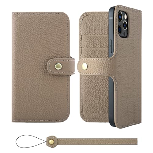 HANATORA iPhone12 12Pro ケース 手帳型 本革 スマホケース スマホ スタンド ストラップ 付き シュリンクカーフレザー ギフト ベルトあり マグネットなし グレージュ H0XB-12Pro-Grege ギフト 誕生日ギフト 女性 彼