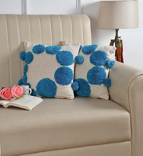 Image of TIB Premium Boho Decorative Throw Cushion Covers, 16 x 16 cm, Set of 2, Cotton. (Circle Blue)