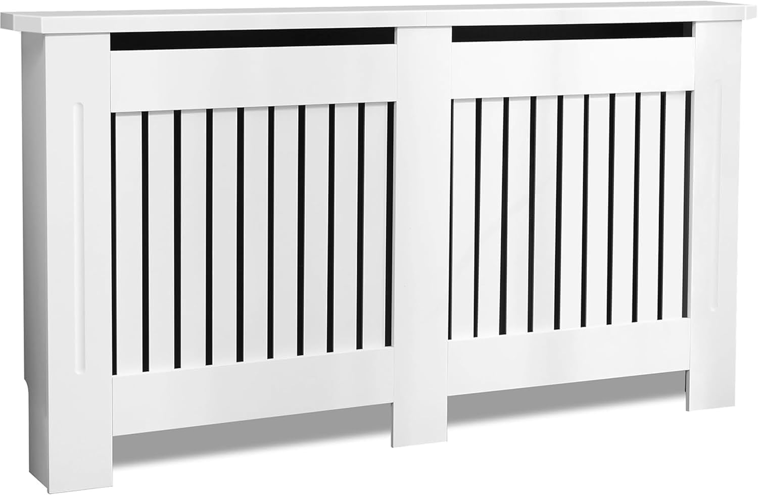 Blisswood Radiator Cover White, Large Radiator Cover Grill Shelf Cabinet with Top Shelf Storage, MDF Wooden Slatted Decorative Heater Cover for Living Room, Bedroom, Hallway (19D x 152W x 83.2H cm)