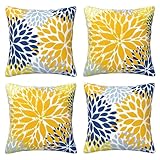 Verdiqor Navy Blue Yellow Pillow Covers 18x18 Inch Set of 4, Yellow Blue Dahlia Flower Geometric Throw Pillows, Modern Floral Square Cushion Cases for Sofa Couch Bed Living Room Decor