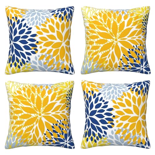 Verdiqor Navy Blue Yellow Pillow Covers 18x18 Inch Set of 4, Yellow Blue Dahlia Flower Geometric Throw Pillows, Modern Floral Square Cushion Cases for Sofa Couch Bed Living Room Decor