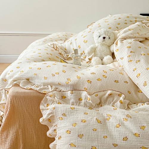 Image of BuLuTu Cute Yellow Duck Print Duvet Cover Twin for Kids Toddler Girls Boys 100% Cotton Muslin Quilt Cover Twin, 68 inchx86 inch, Ruffled Bedding Soft Breathable, Zipper Closure, No Pillowcase