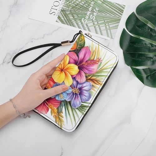 Watercolor Tropical Flower Bouquet PU Leather Clutch Long Bifold Wallet, Coin Purse Credit Pass Case, Durable Card-Holder Money Storage for Women Men4