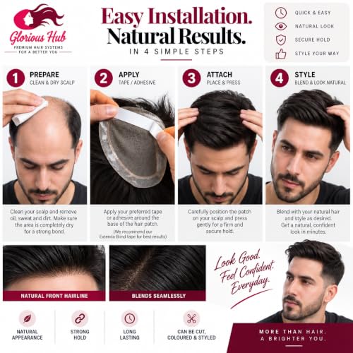 Image of Premium Australian Silk Base Hair Patch for Men | 2-Layer Design with 0.03mm Transparent Front | 100% Remy Human Hair Wig | Natural-Looking Non-Surgical Toupee | (Black, 8x5)